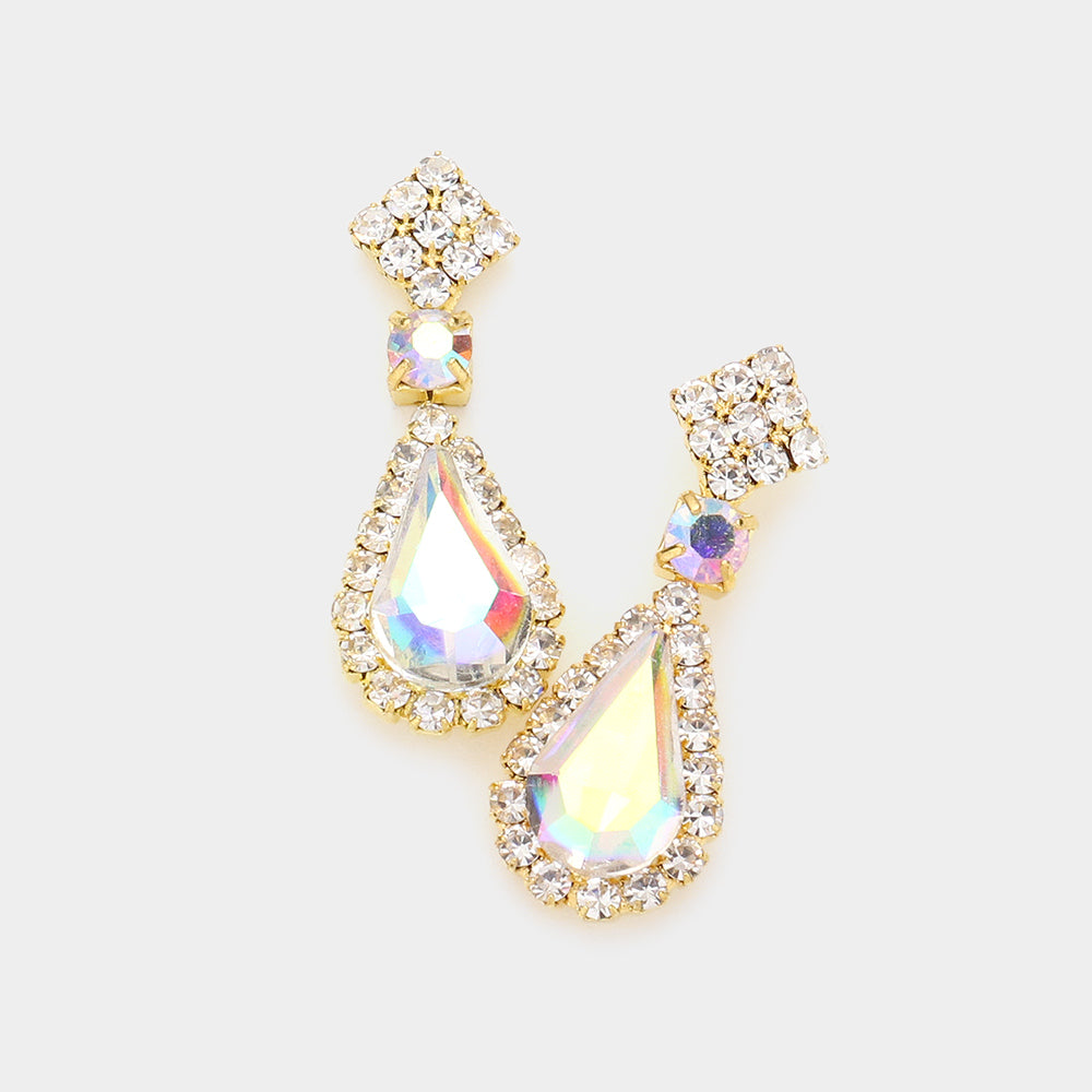 Small AB Teardrop Rhinestone Accented Dangle Earrings on Gold| Earrings for Little Girls