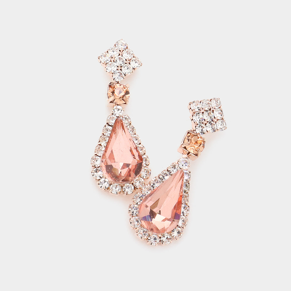 Small Peach Teardrop Rhinestone Accented Dangle Earrings on Rose Gold | Earrings for Little Girls