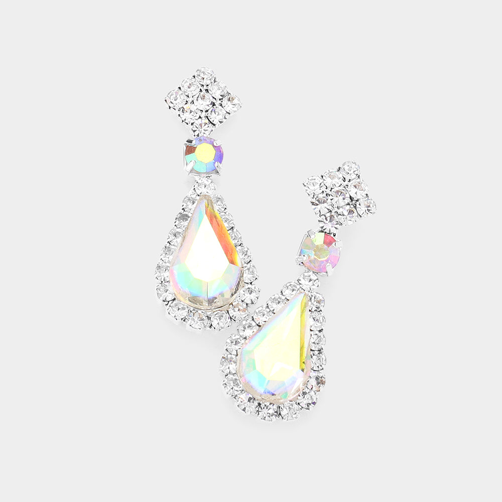 Small AB Teardrop Rhinestone Accented Dangle Earrings on Silver | Earrings for Little Girls