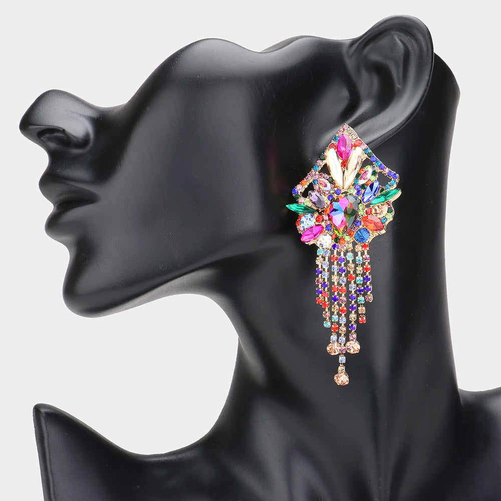 Large Multi Colored Multi Stone Cluster Fringe Pageant Earrings | Prom Earrings