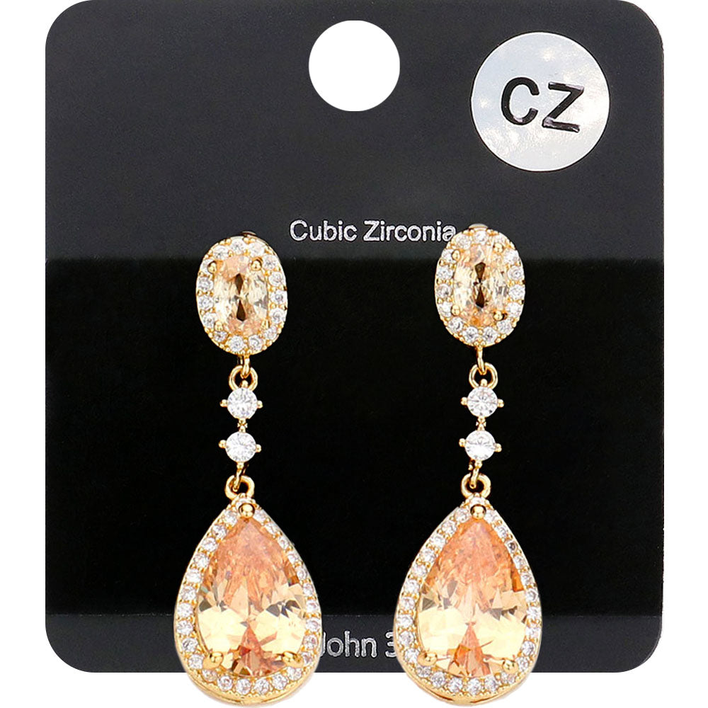 Light Topaz Stone and Rhinestone Trim Small Drop Pageant Earrings on Gold | Small Gold  Dangle Earrings on Gold