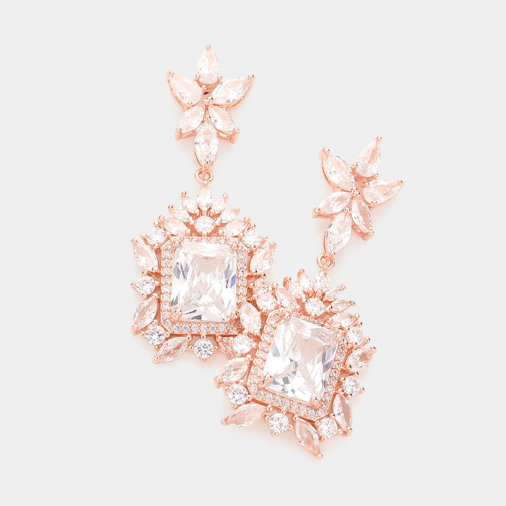 CZ Square and Accented Multi Stone Shape Dangle Pageant Earrings on Rose Gold | Interview Earrings