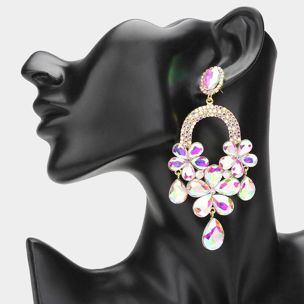 Long AB Flower Teardrop Chandelier Pageant Earrings on Gold | Large Crystal Earrings