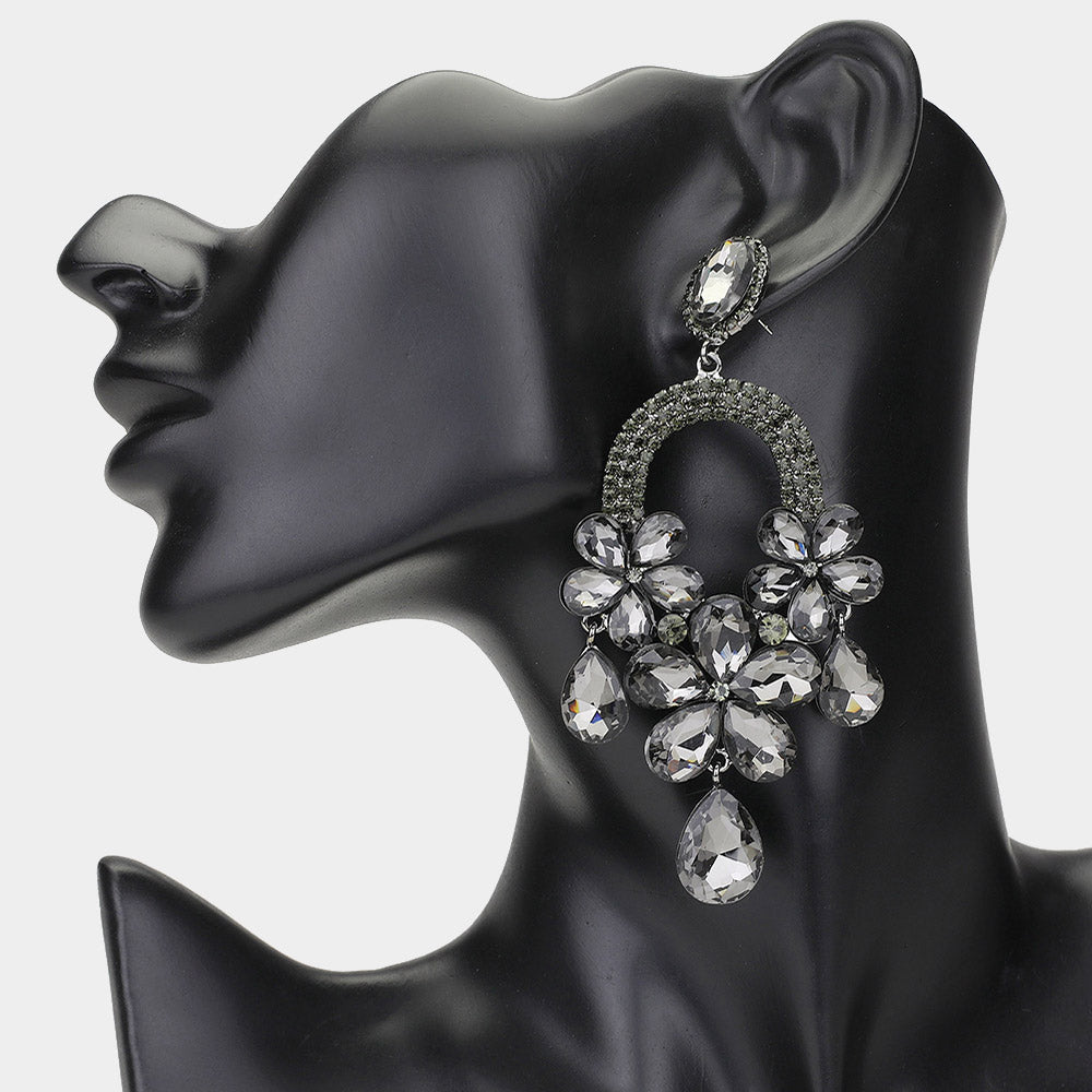 Long Black Diamond Flower Teardrop Chandelier Pageant Earrings | Large Crystal Earrings