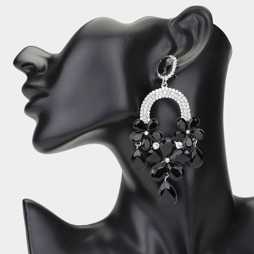 Long Black/Clear Flower Teardrop Chandelier Pageant Earrings | Large Crystal Earrings