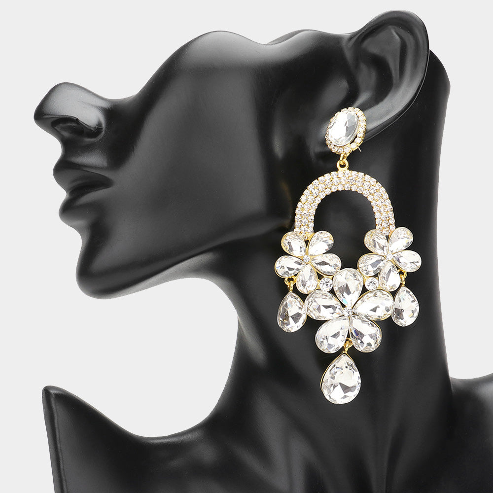 Long Clear Flower Teardrop Chandelier Pageant Earrings on Gold | Large Crystal Earrings