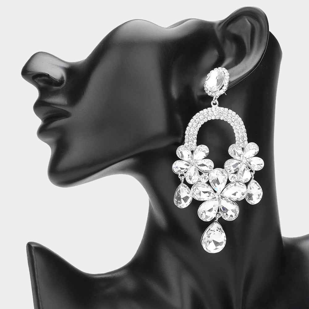 Long Clear Flower Teardrop Chandelier Pageant Earrings on Silver | Large Crystal Earrings