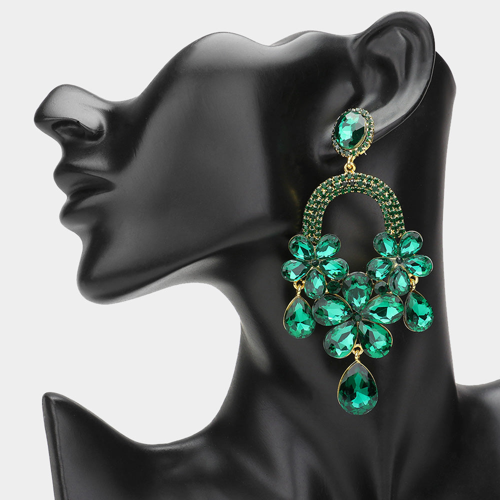 Long Emerald Flower Teardrop Chandelier Pageant Earrings | Large Crystal Earrings