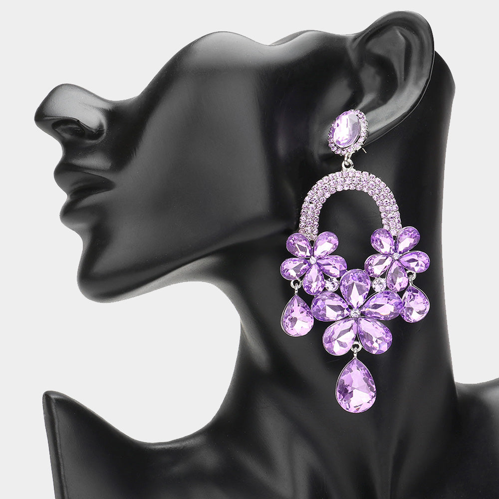 Long Lavender Flower Teardrop Chandelier Pageant Earrings | Large Crystal Earrings