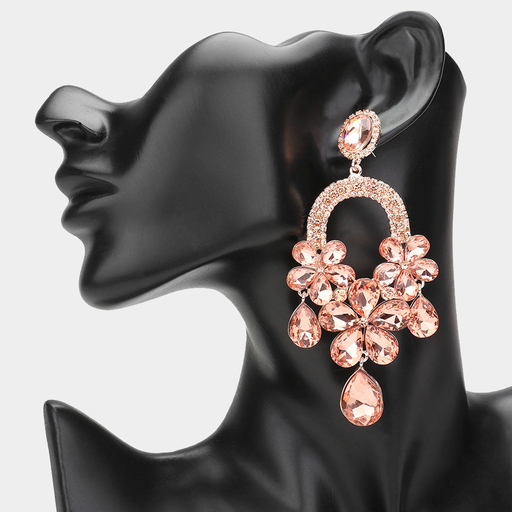 Long Peach Flower Teardrop Chandelier Pageant Earrings | Large Crystal Earrings