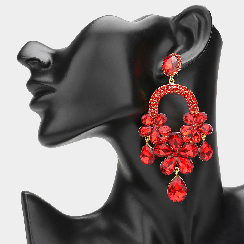 Long Red Flower Teardrop Chandelier Pageant Earrings | Large Crystal Earrings