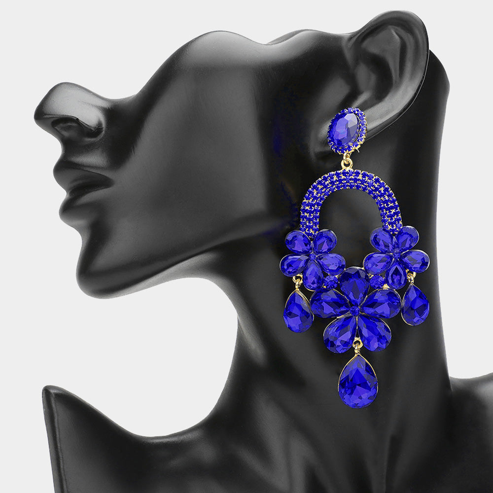 Long Royal Blue Flower Teardrop Chandelier Pageant Earrings | Large Crystal Earrings