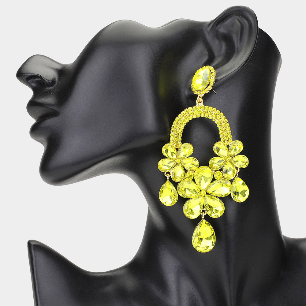 Long Yellow Flower Teardrop Chandelier Pageant Earrings | Large Crystal Earrings |  648871