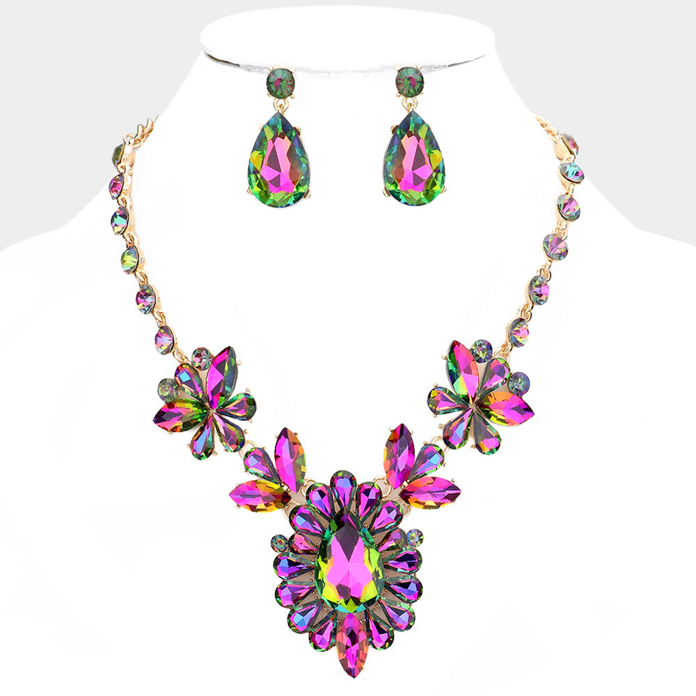 Multi-Color Crystal Teardrop Stone Cluster Pageant Necklace | Prom Necklace 