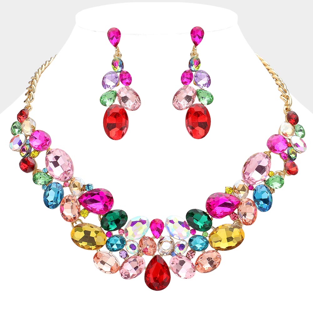 Multi-Color Multi Stone Bubble Cluster Prom Necklace Set on Gold | Evening Necklace with Earrings