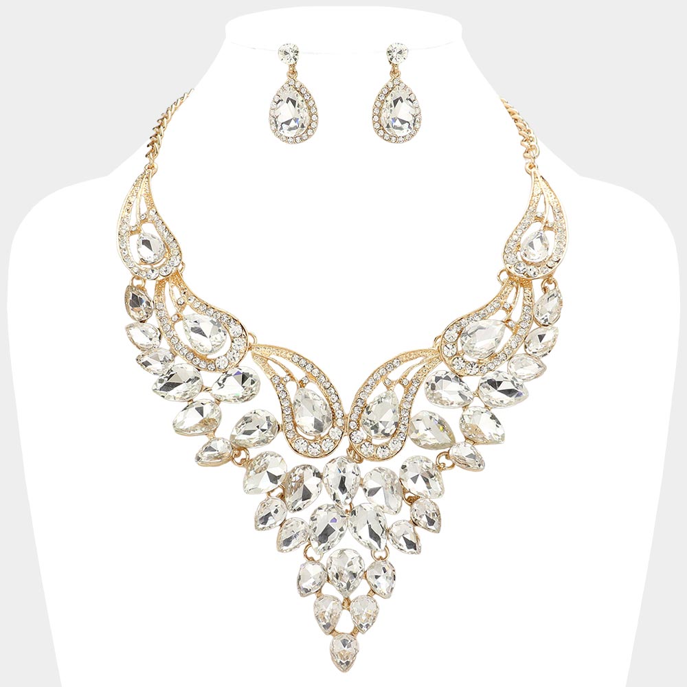 Clear Teardrop Stone Evening Necklace Set on Gold | Crystal Statement Necklace Set 