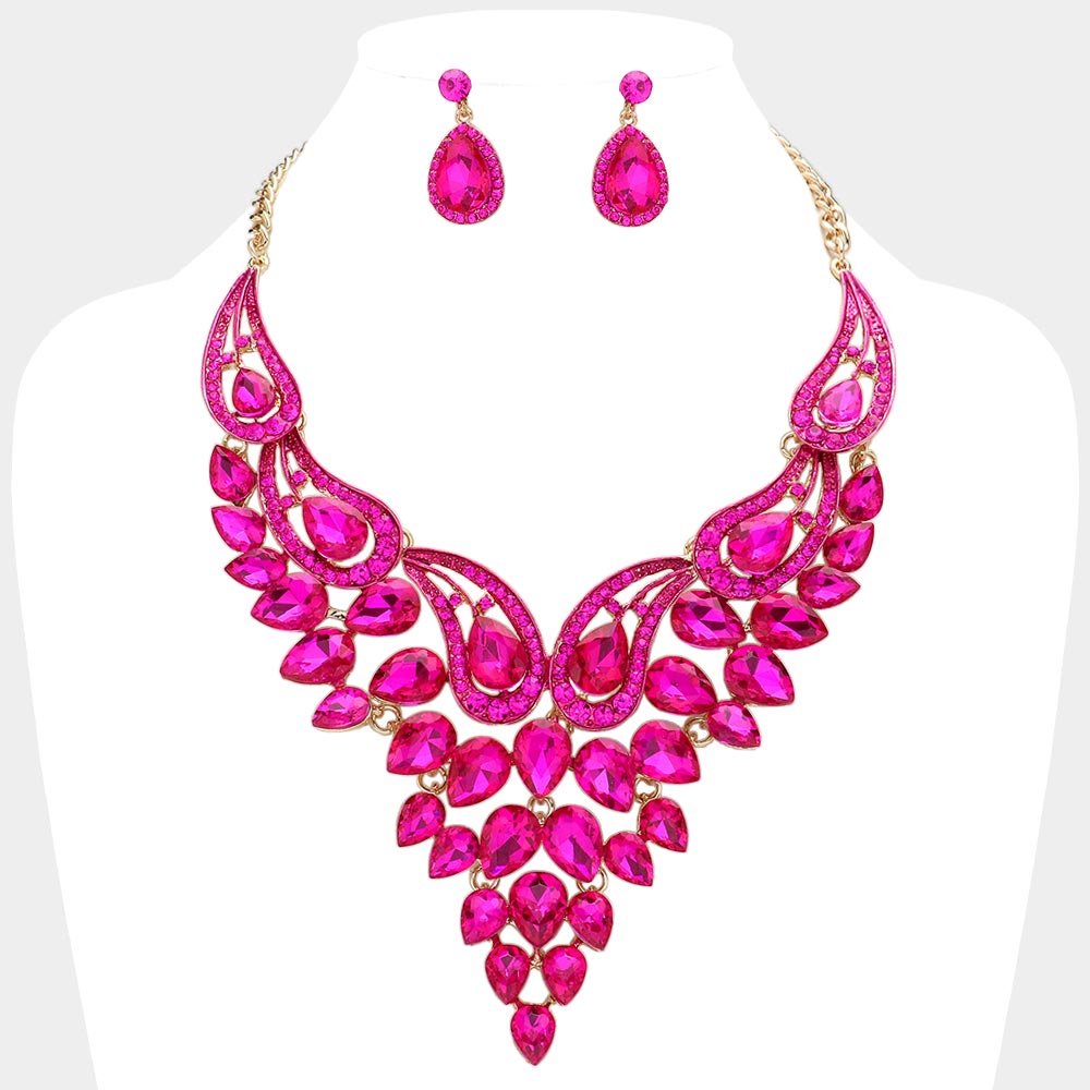 Fuchsia Teardrop Stone Evening Necklace Set | Crystal Statement Necklace Set