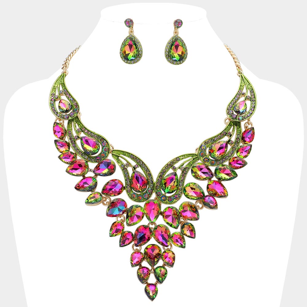 Multi-Color Teardrop Stone Evening Necklace Set  | Crystal Statement Necklace Set