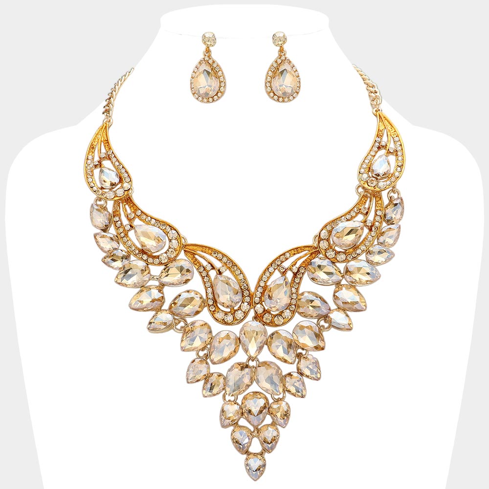 Light Topaz Teardrop Stone Evening Necklace Set  | Crystal Statement Necklace Set