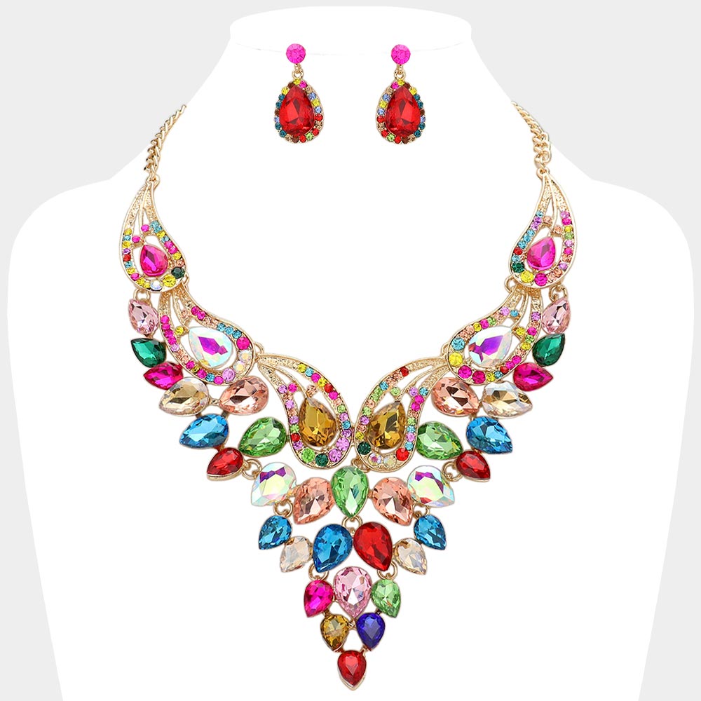 Multi-Color Teardrop Stone Evening Necklace Set  | Crystal Statement Necklace Set