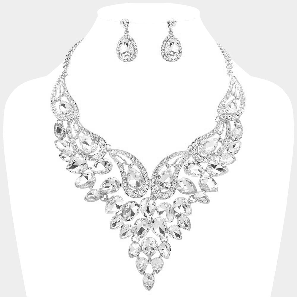 ClearTeardrop Stone Evening Necklace Set   | Crystal Statement Necklace Set