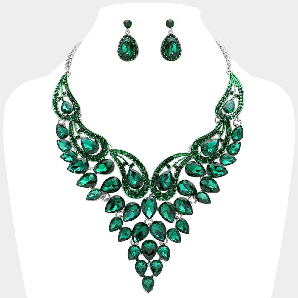 Emerald Teardrop Stone Evening Necklace Set   | Crystal Statement Necklace Set 