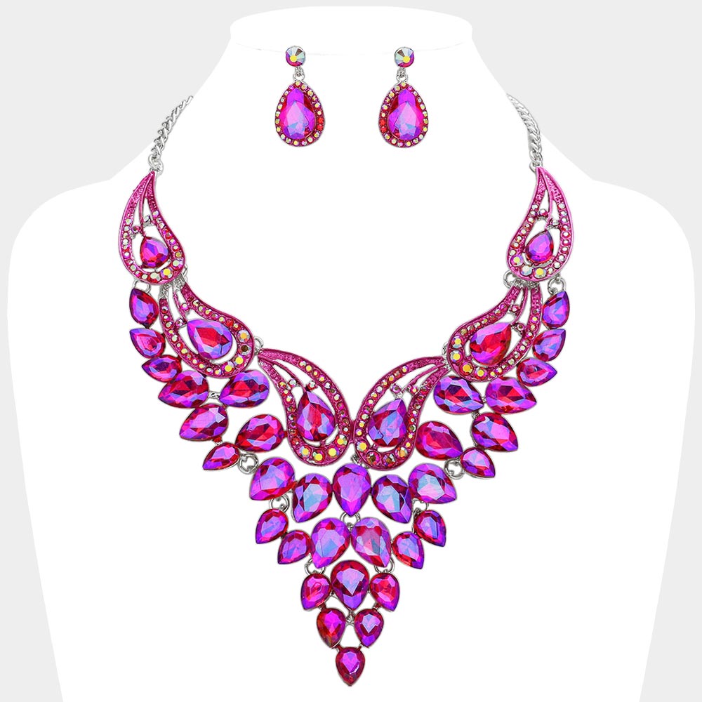 Purple AB Teardrop Stone Evening Necklace Set   | Crystal Statement Necklace Set