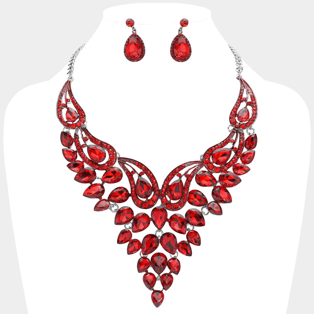 Red Teardrop Stone Evening Necklace Set   | Crystal Statement Necklace Set 