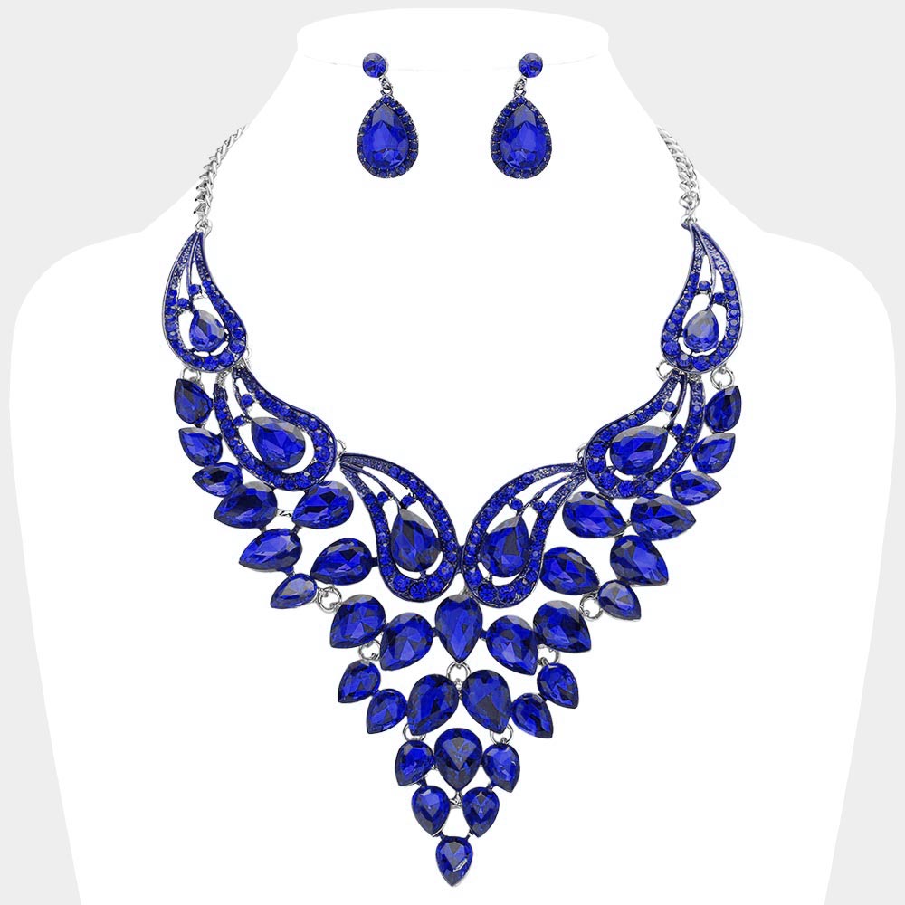 Sapphire Teardrop Stone Evening Necklace Set   | Crystal Statement Necklace Set