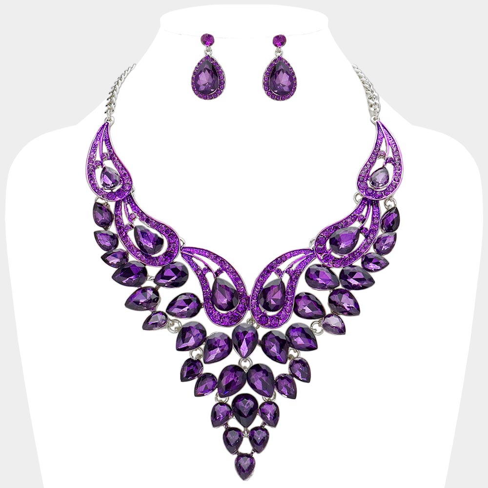 Purple Teardrop Stone Evening Necklace Set   | Crystal Statement Necklace Set