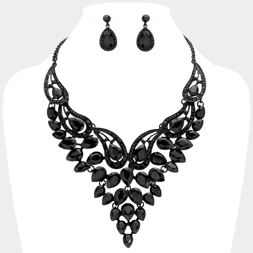 Jet Black Teardrop Stone Evening Necklace Set   | Crystal Statement Necklace Set