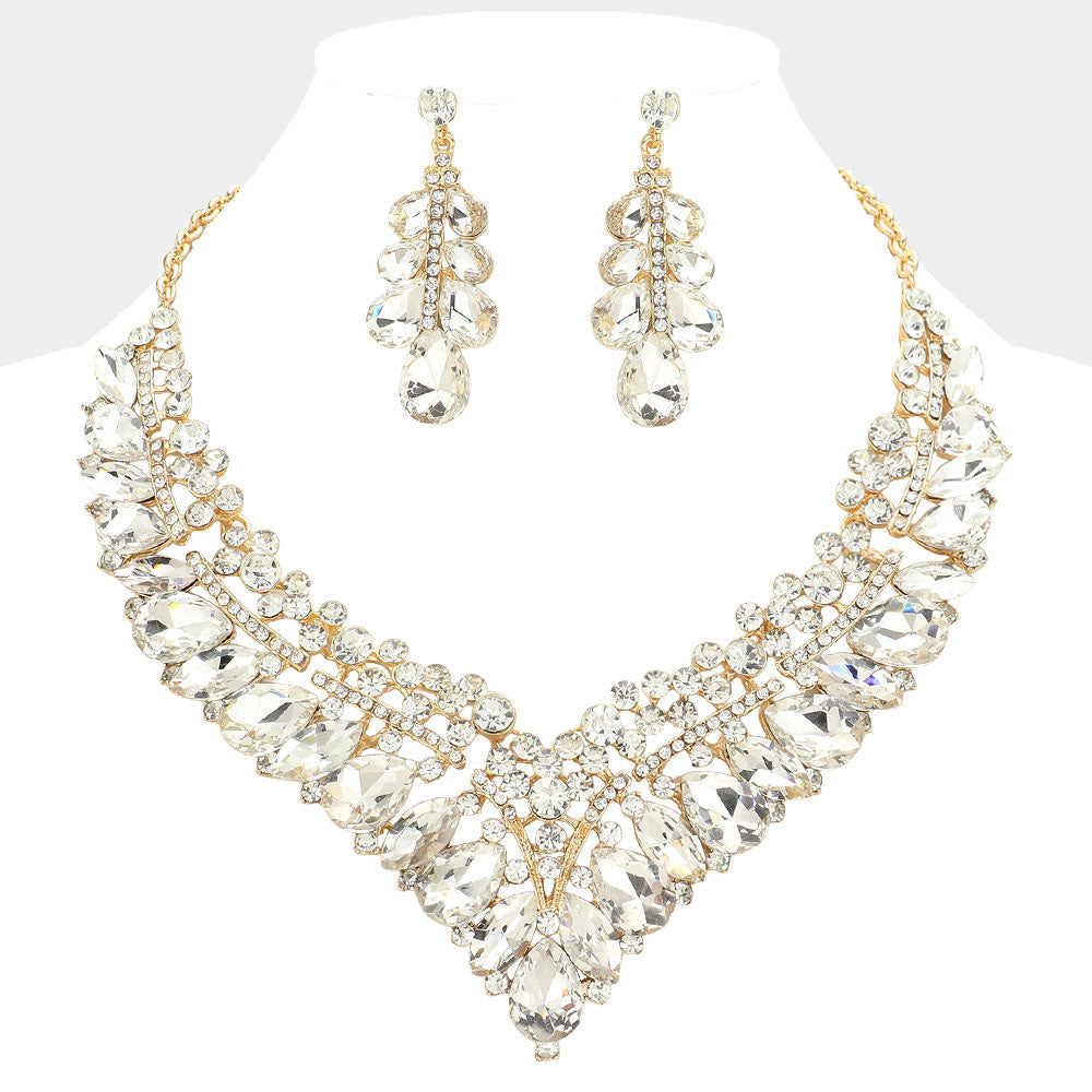 Clear Teardrop Marquise and Round Stone Evening Necklace Set on Gold | Crystal Statement Necklace Set