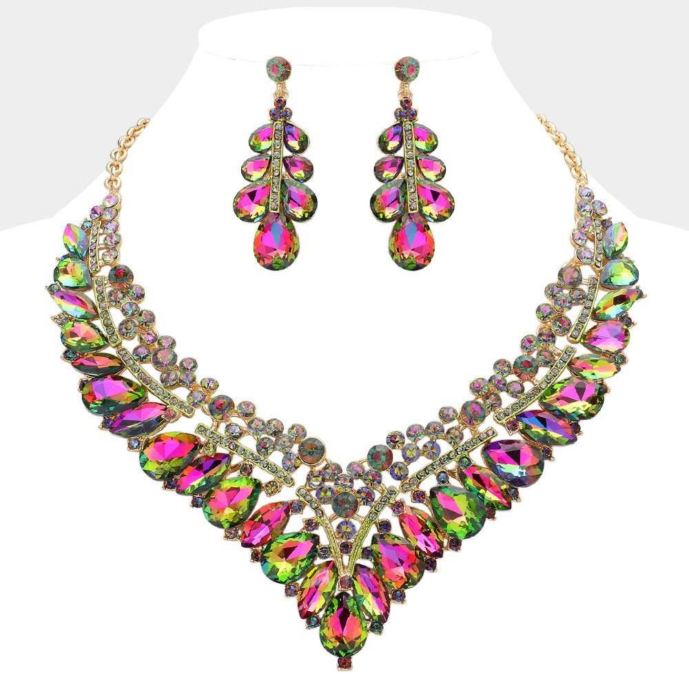 Multi-ColorTeardrop Marquise and Round Stone Evening Necklace Set  | Crystal Statement Necklace Set