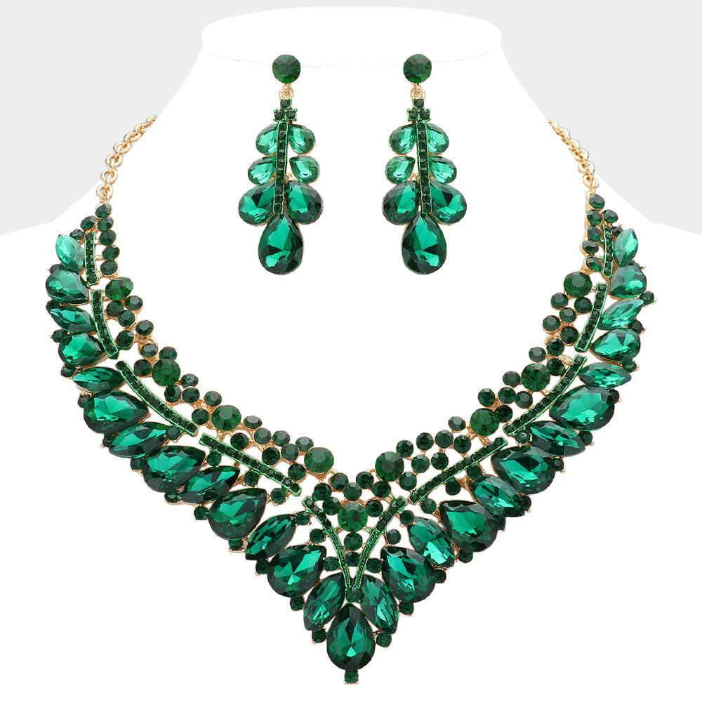 Emerald Teardrop Marquise and Round Stone Evening Necklace Set  | Crystal Statement Necklace Set