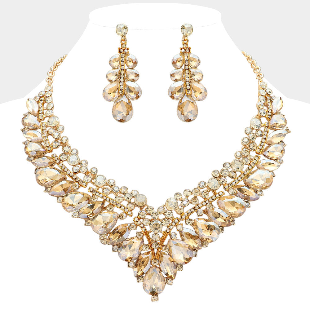 Light Topaz Teardrop Marquise and Round Stone Evening Necklace Set  | Crystal Statement Necklace Set