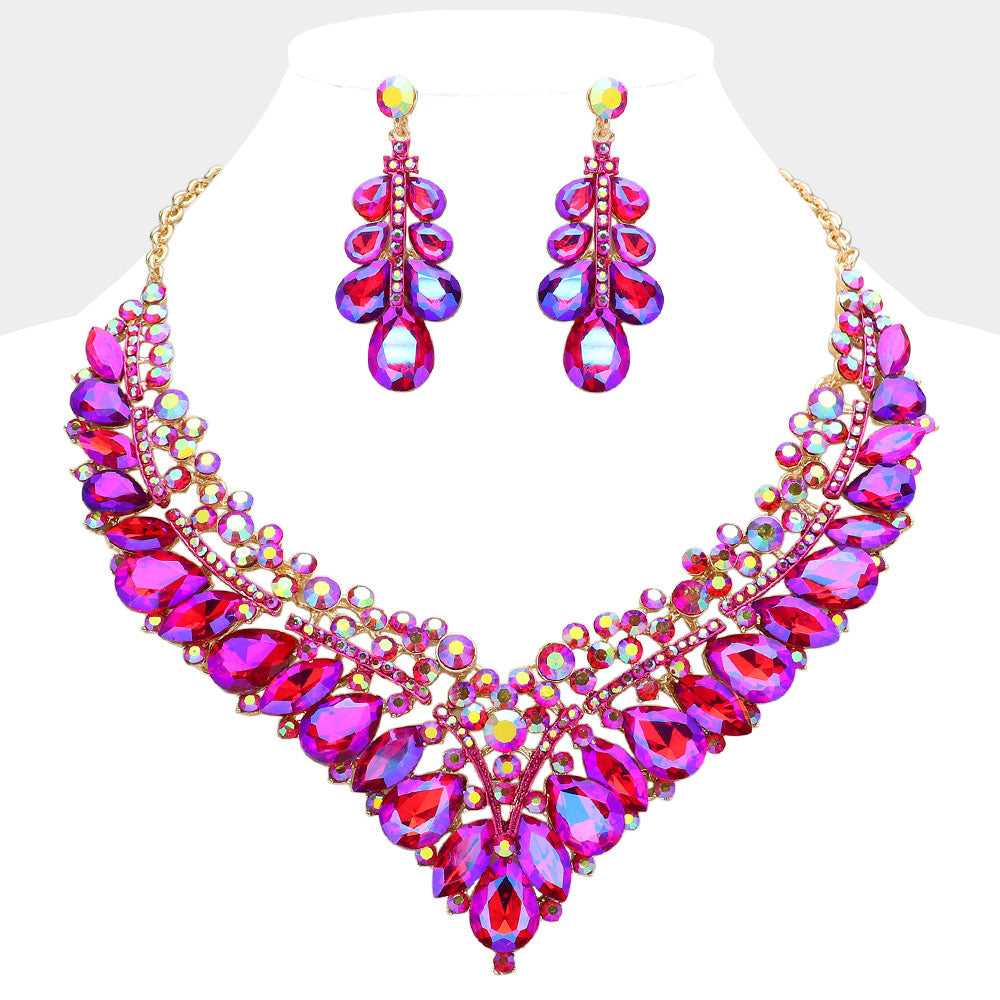 Purple AB Teardrop Marquise and Round Stone Evening Necklace Set  | Crystal Statement Necklace Set