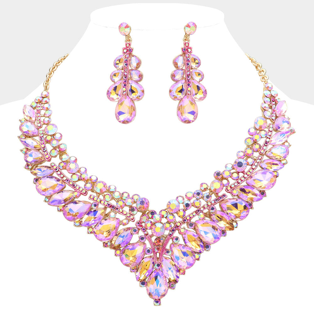 Pink AB Teardrop Marquise and Round Stone Evening Necklace Set  | Crystal Statement Necklace Set