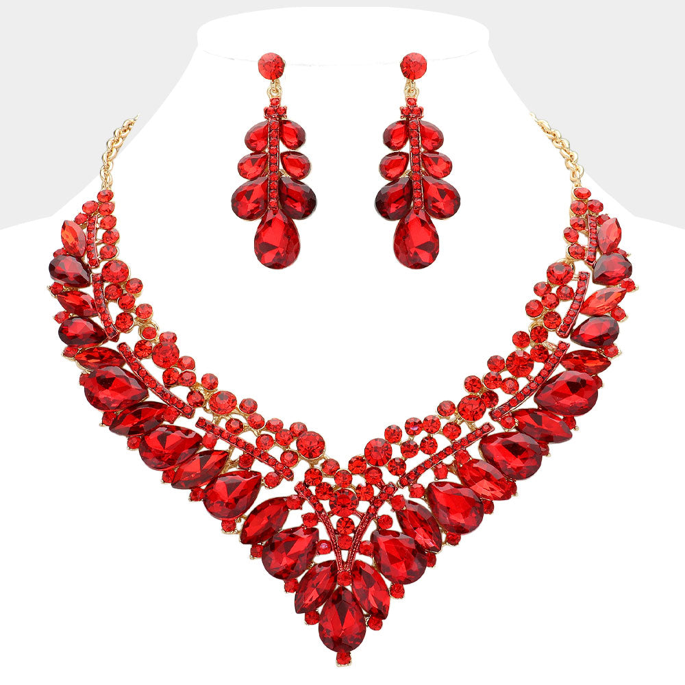 Red Teardrop Marquise and Round Stone Evening Necklace Set | Crystal Statement Necklace Set