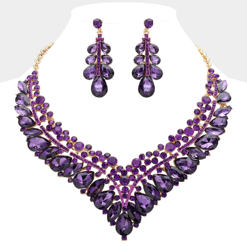 Purple Teardrop Marquise and Round Stone Evening Necklace Set  | Crystal Statement Necklace Set |  645275