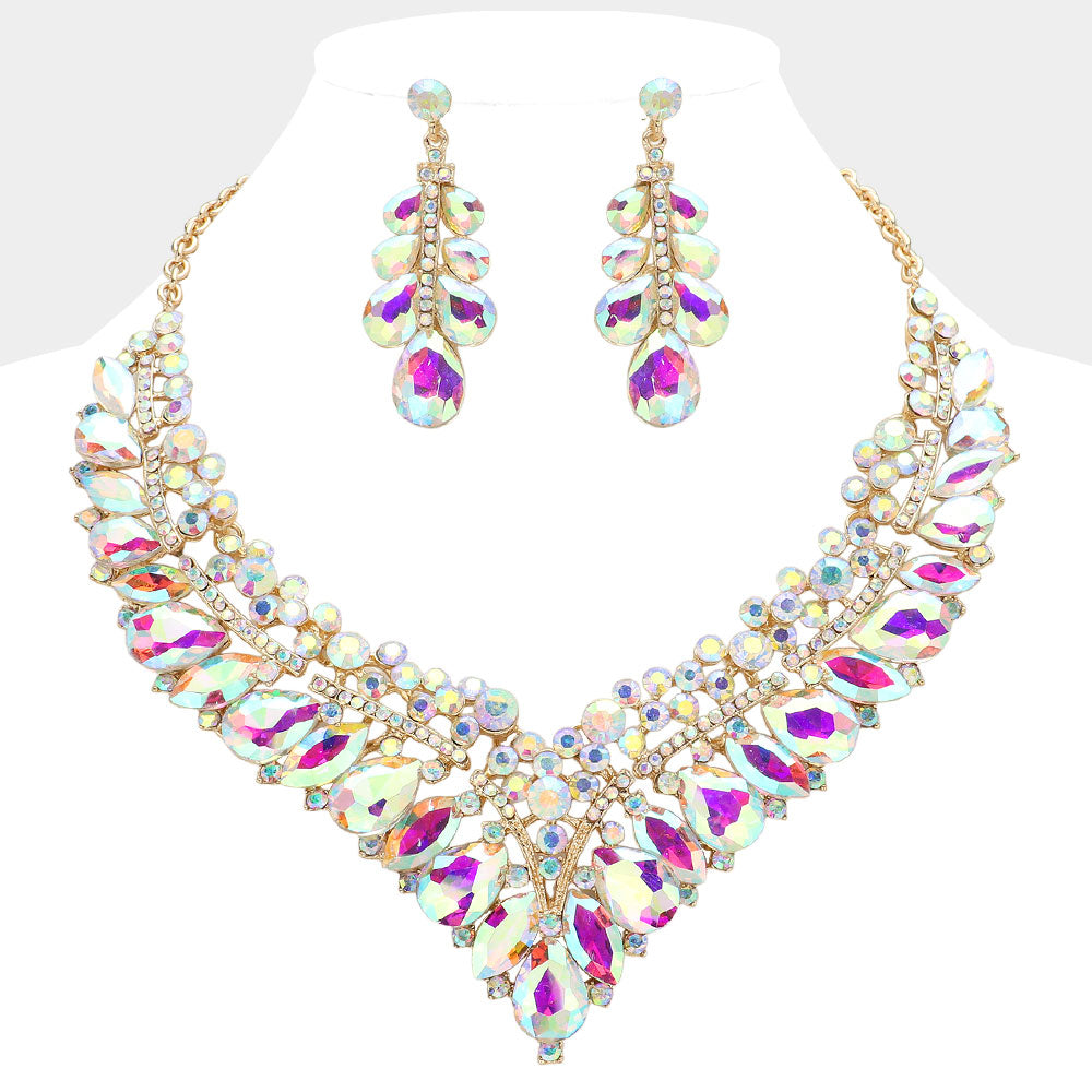 AB Teardrop Marquise and Round Stone Evening Necklace Set on  Gold  | Crystal Statement Necklace Set