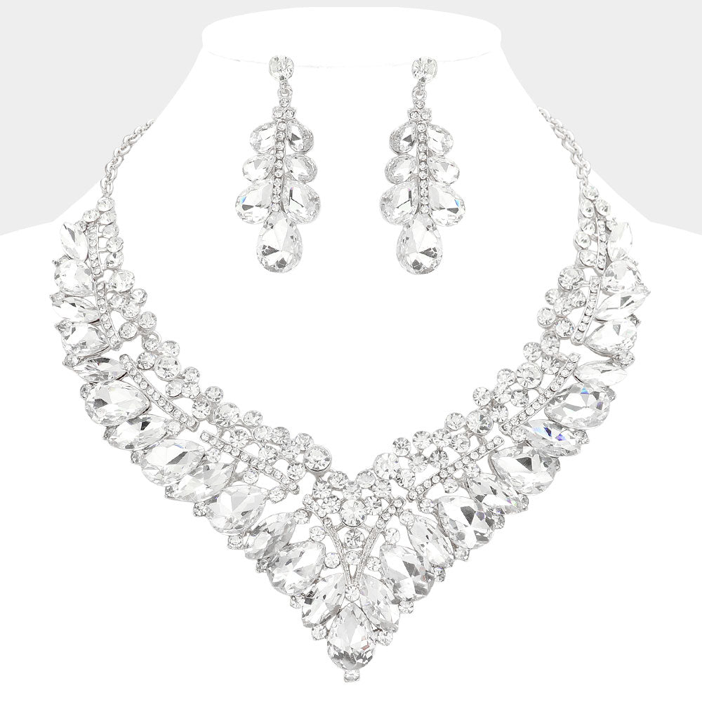 Clear Teardrop Marquise and Round Stone Evening Necklace Set   | Crystal Statement Necklace Set