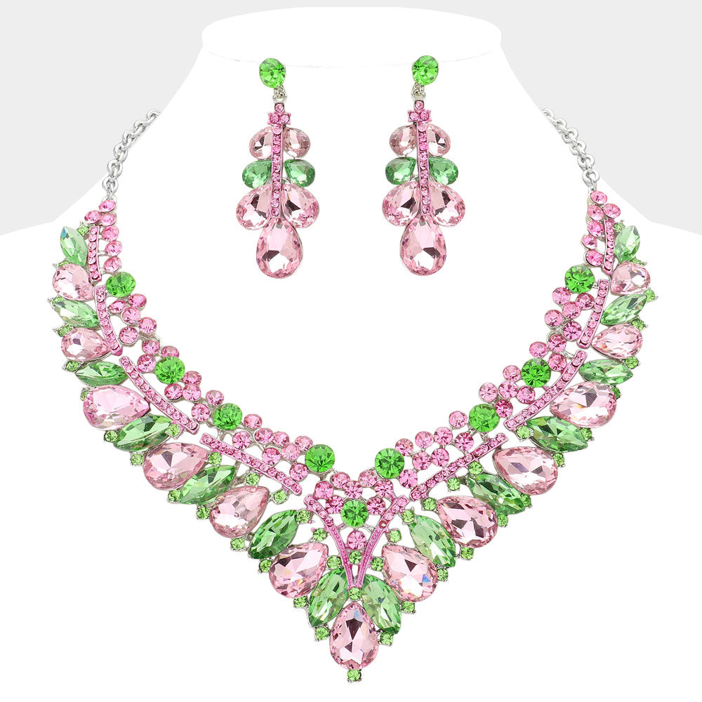 Pink & Green Teardrop Marquise and Round Stone Evening Necklace Set   | Crystal Statement Necklace Set