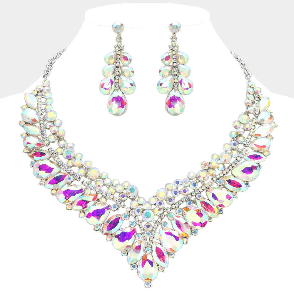 AB Teardrop Marquise and Round Stone Evening Necklace Set   | Crystal Statement Necklace Set