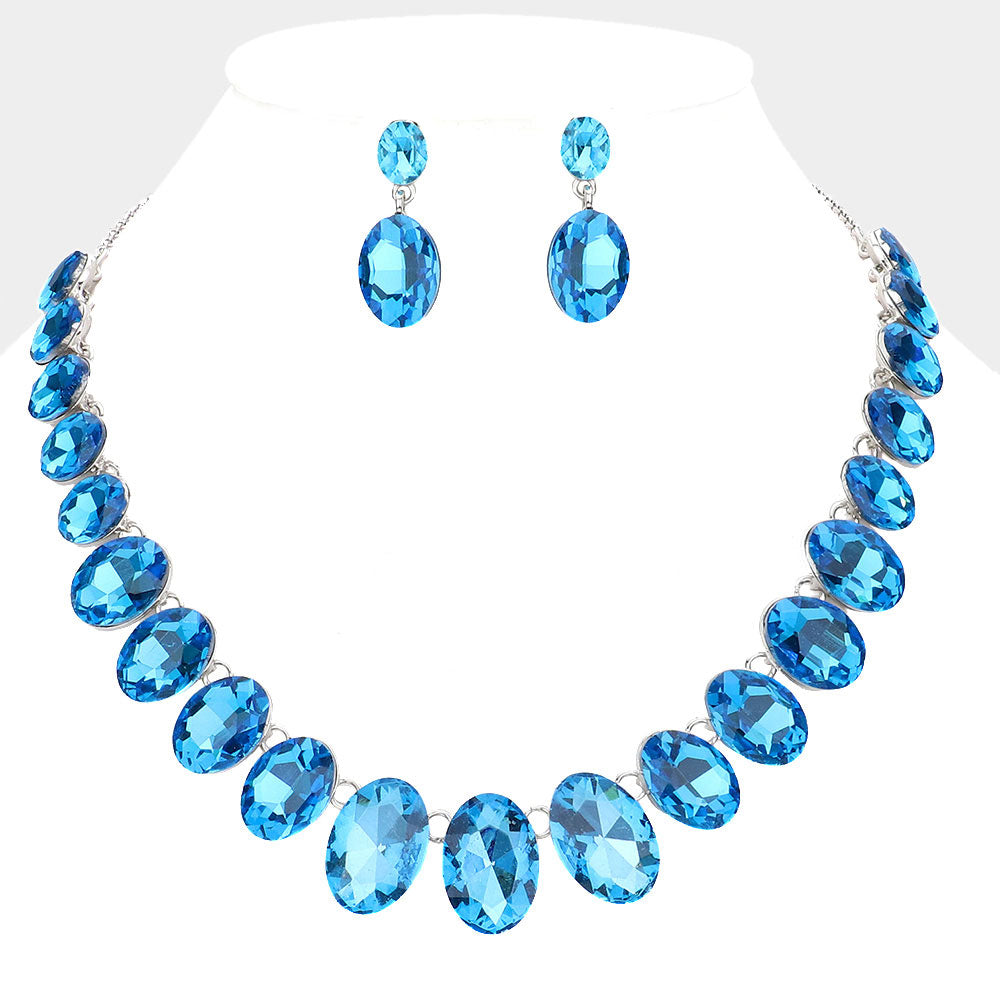 Aqua Oval Stone Link Pageant Necklace Set | Prom Jewelry | Evening Jewelry