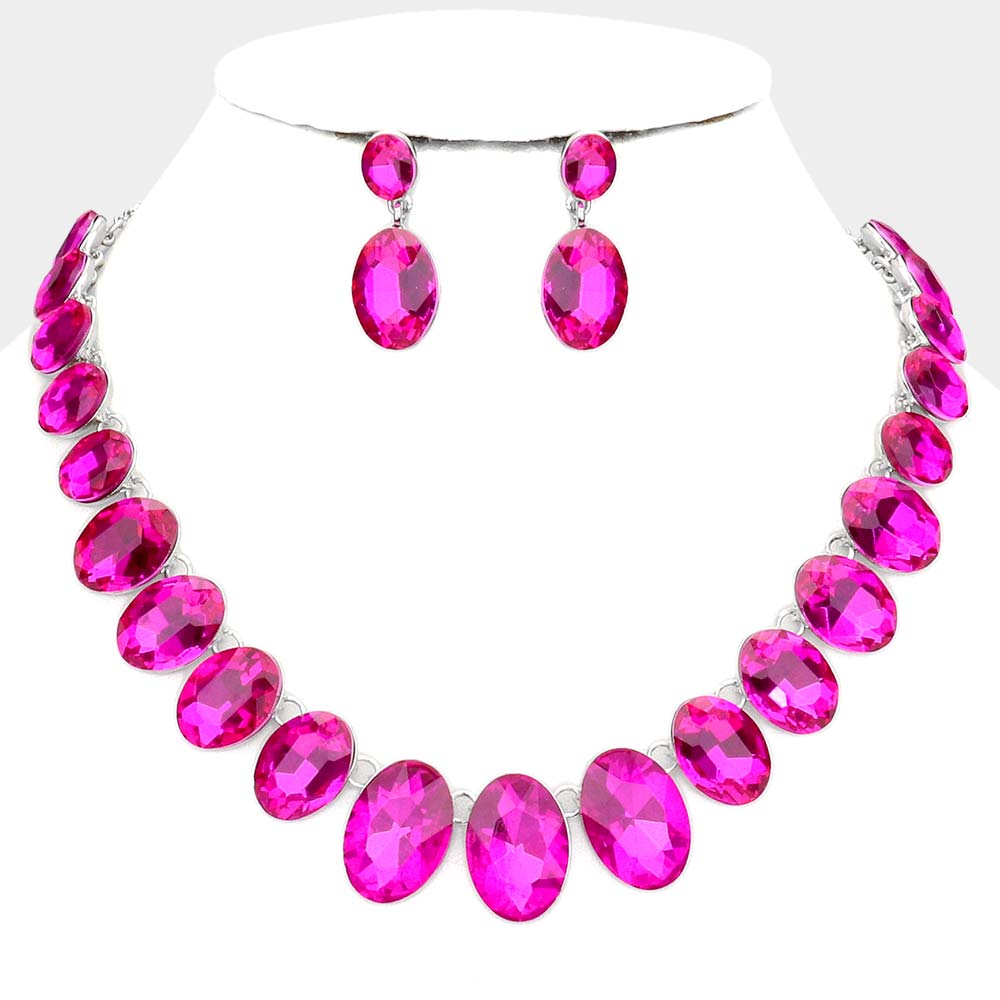 Fuchsia Oval Stone Link Pageant Necklace Set | Prom Jewelry | Evening Jewelry