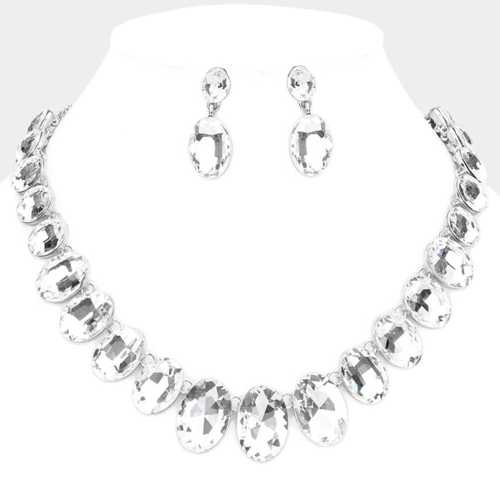 Clear Oval Stone Link Pageant Necklace Set | Prom Jewelry | Evening Jewelry