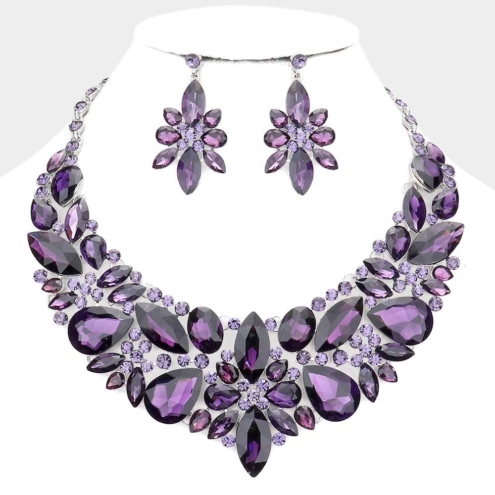 Purple Multi Stone Evening Necklace Set | Statement Jewelry | Special Occasion Crystal  Necklace|  529038