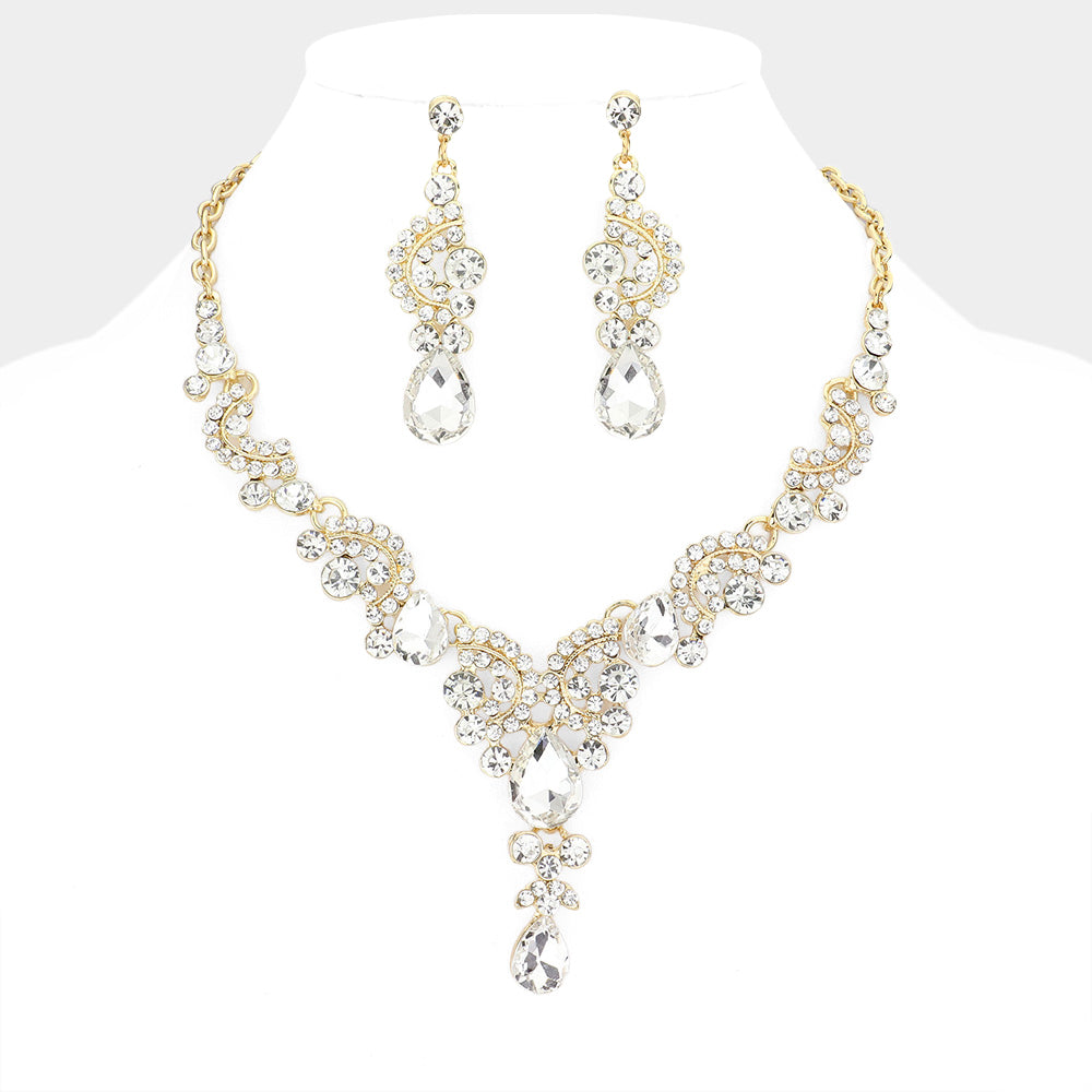 Clear Teardrop Stone Prom Necklace Set on Gold | Statement Jewelry