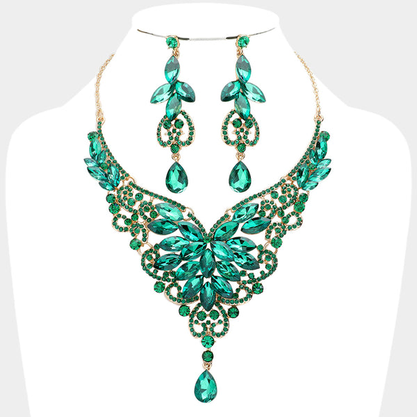 Green Necklace set, Emerald statement necklace set, large selling necklace, emerald rhinestone pageant necklace, Emerald Crystal Jewelry Set,