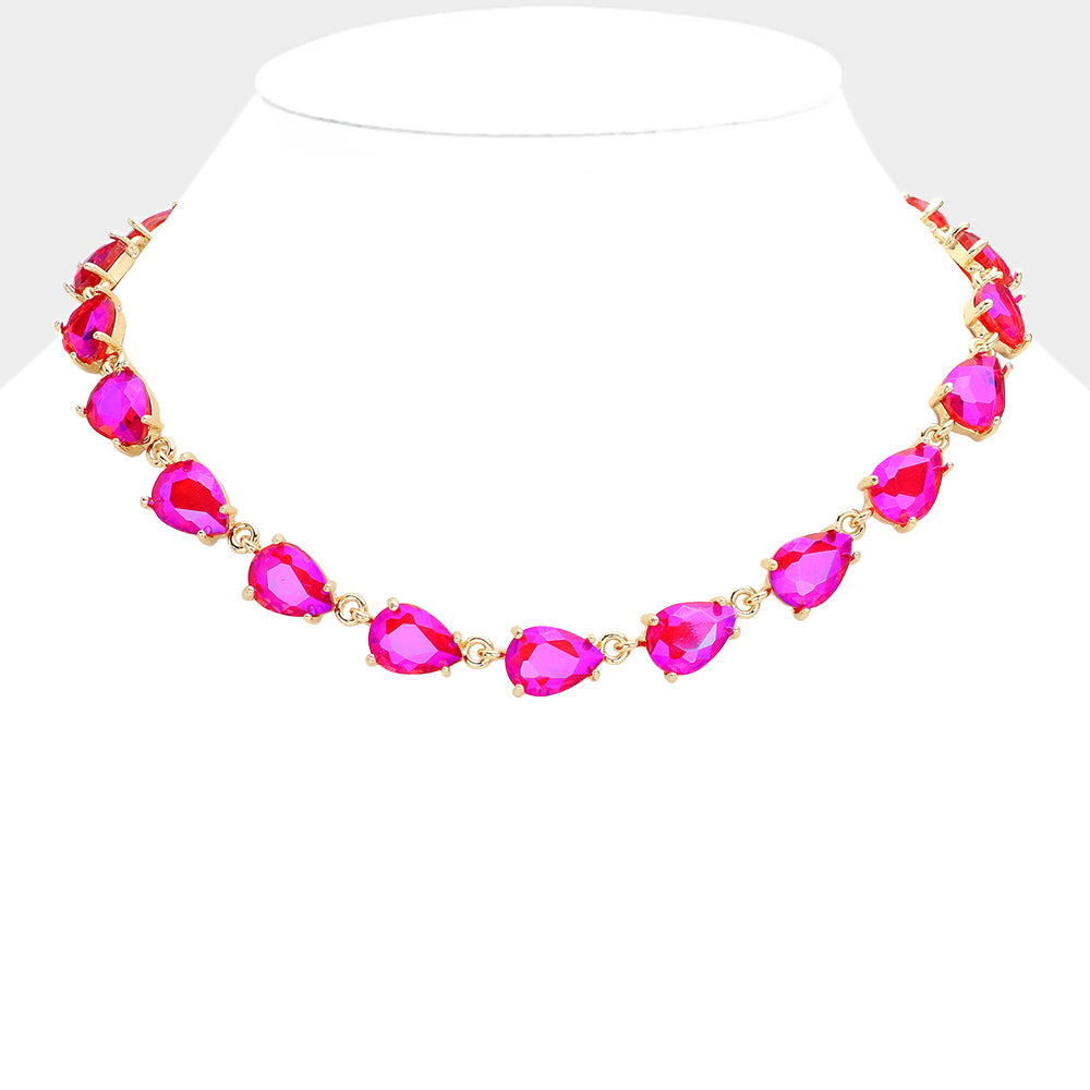 Fuchsia AB Teardrop Cluster Link Pageant Necklace | Homecoming Necklace | Homecoming Jewelry